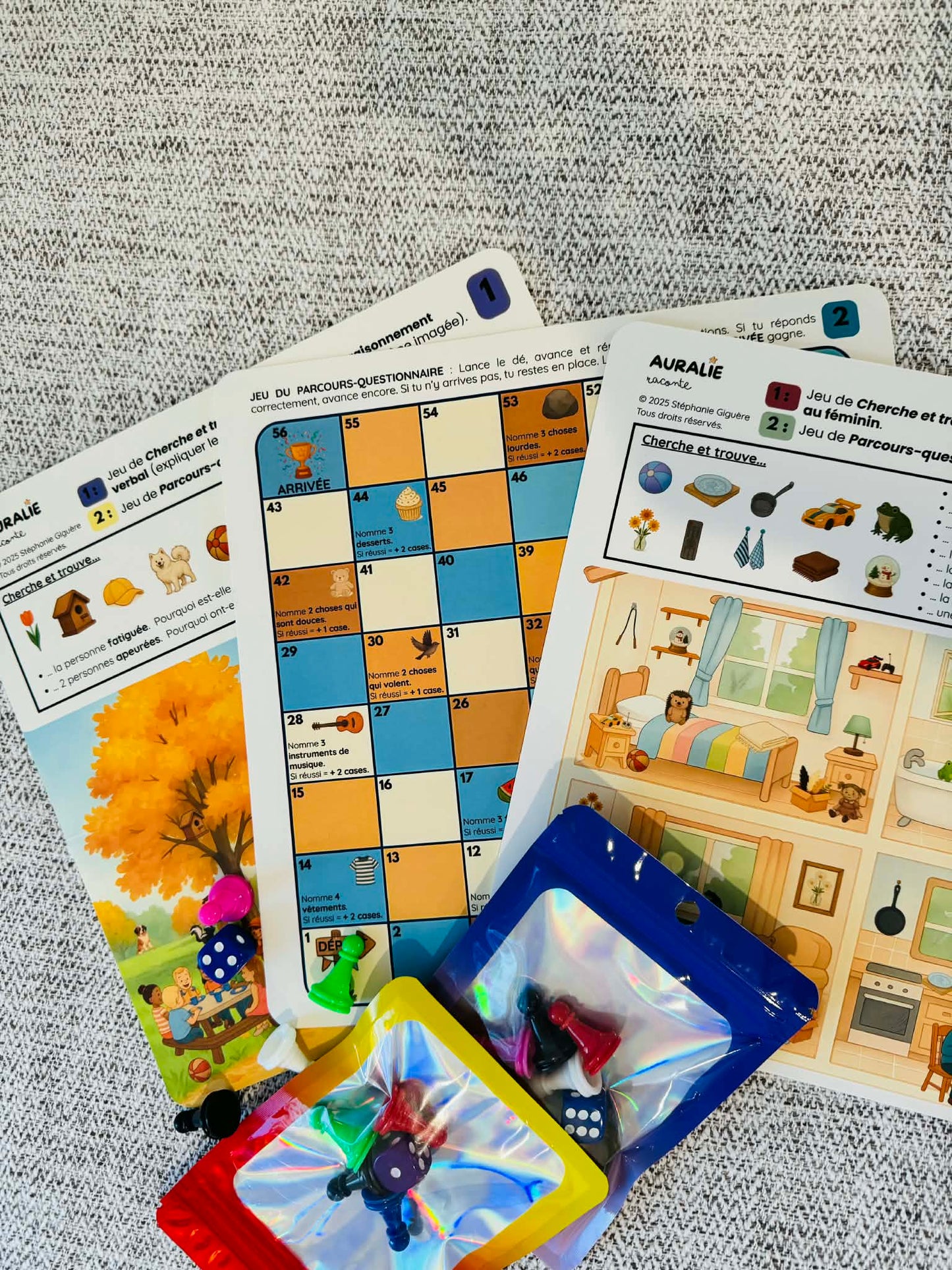 Kit de jeux de langage — Trois planches recto-verso (dés et pions inclus)