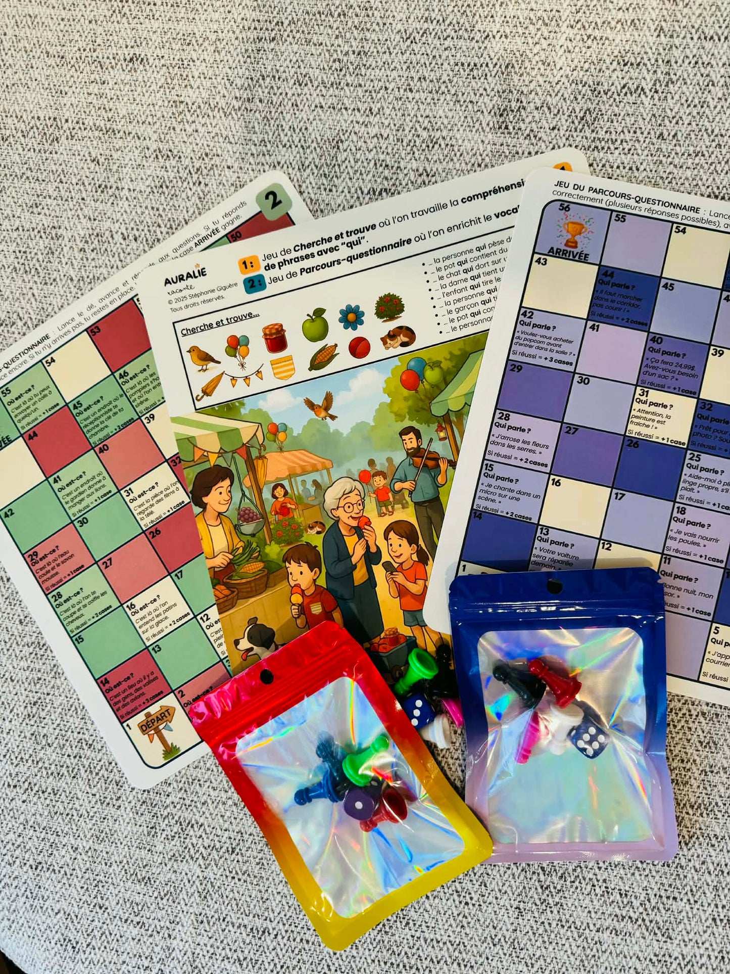 Kit de jeux de langage — Trois planches recto-verso (dés et pions inclus)